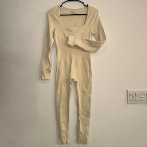 Seamless Ribbed Square Neck Long Sleeve Jumpsuit Bodycon Stretch Medium